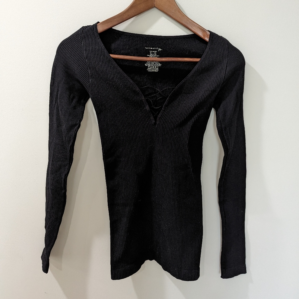 Free People Black Ribbed Long Sleeve Top